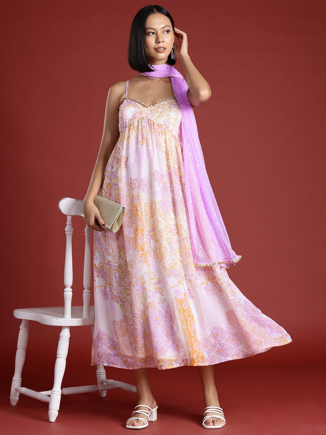 

all about you Printed Ethnic Maxi Dress with Dupatta, White