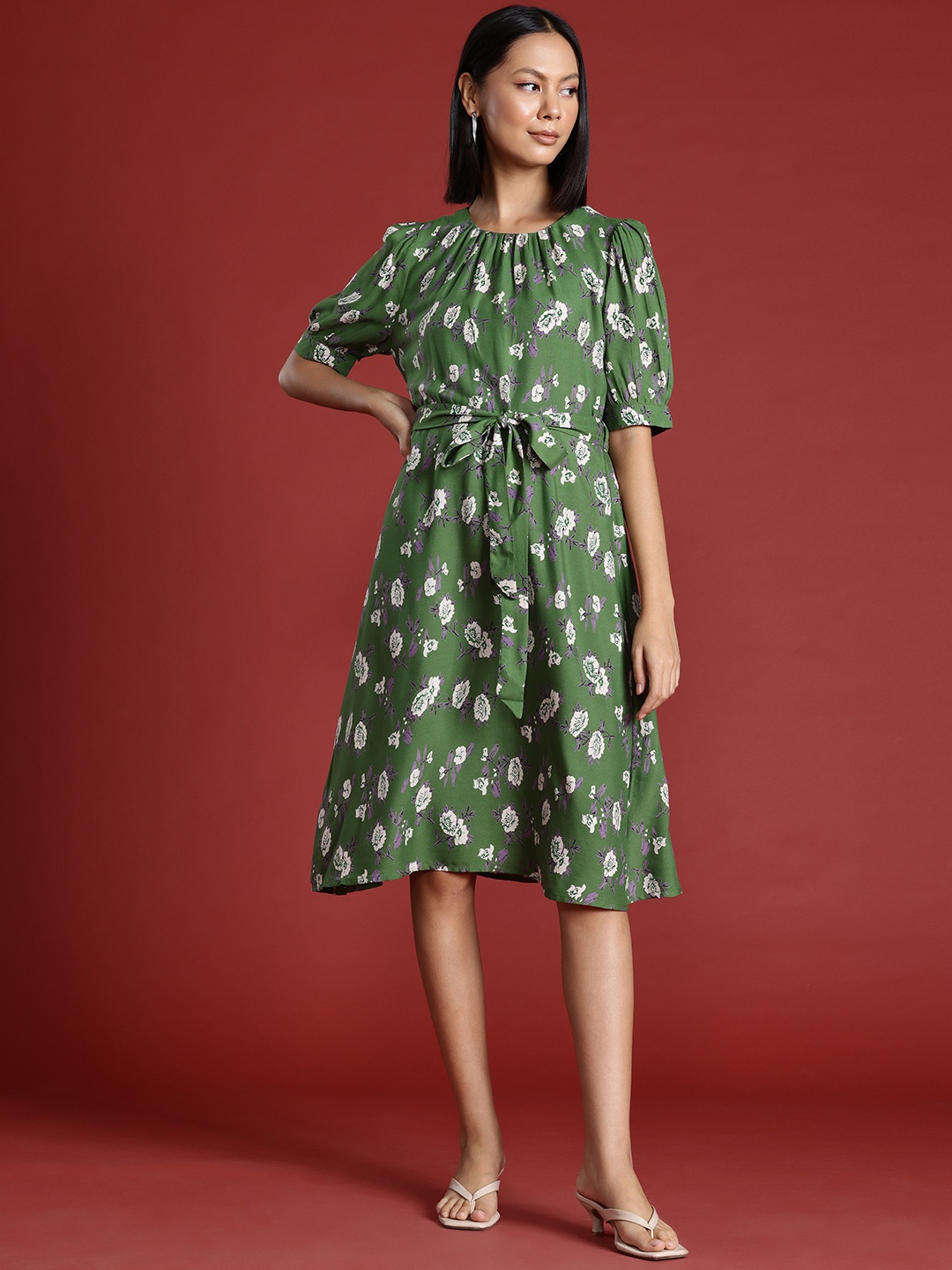 

all about you Floral Print Puff Sleeves A-Line Dress with Belt, Green