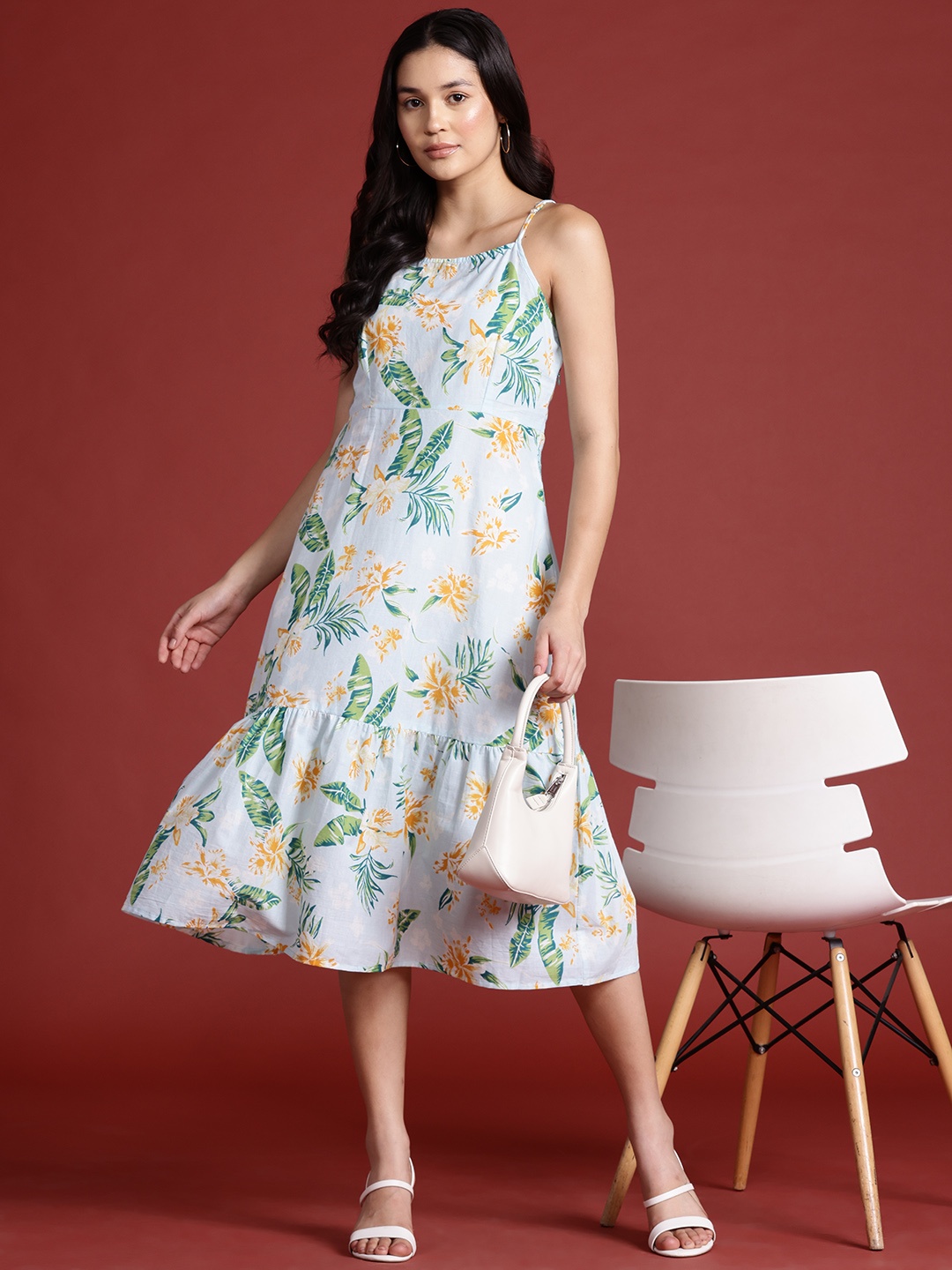 

all about you Tropical Print Cotton A-Line Midi Dress, Blue