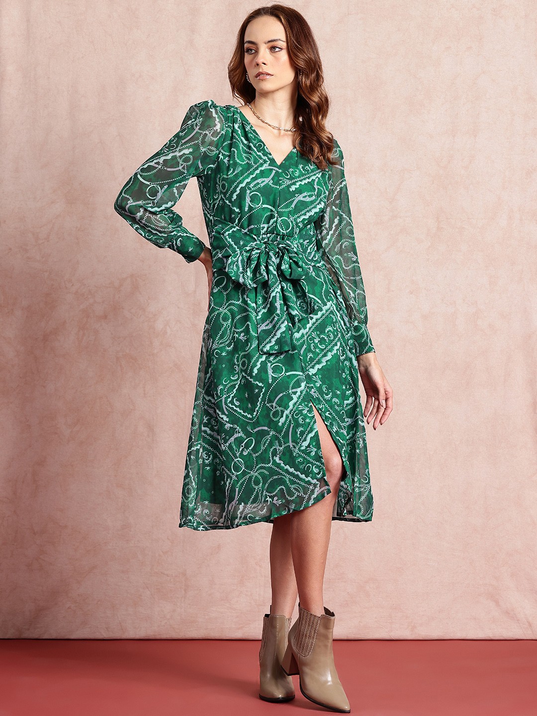 

all about you Print Belted A-Line Midi Dress, Green