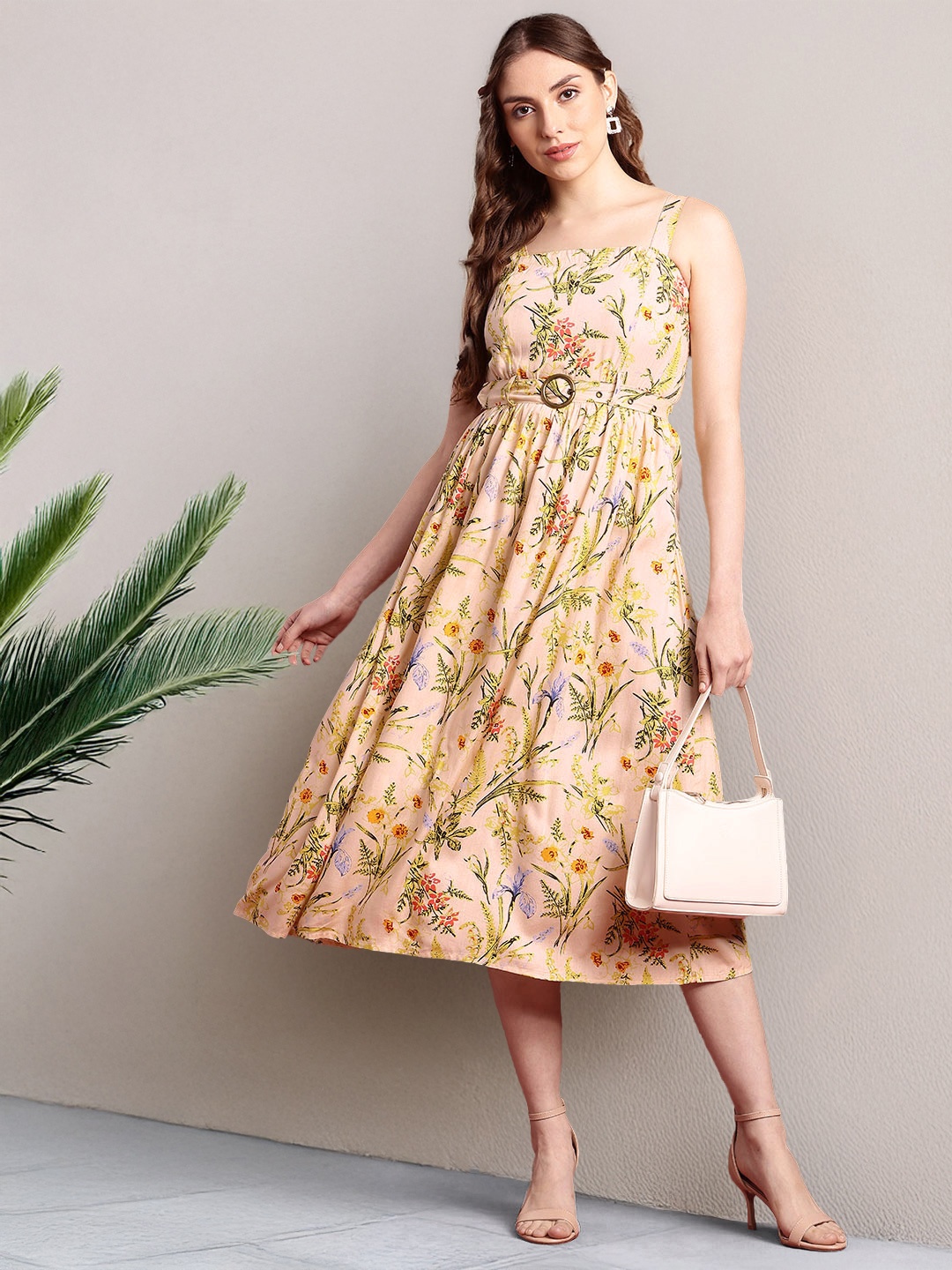 

all about you Floral Print Midi Fit & Flare Dress, Beige