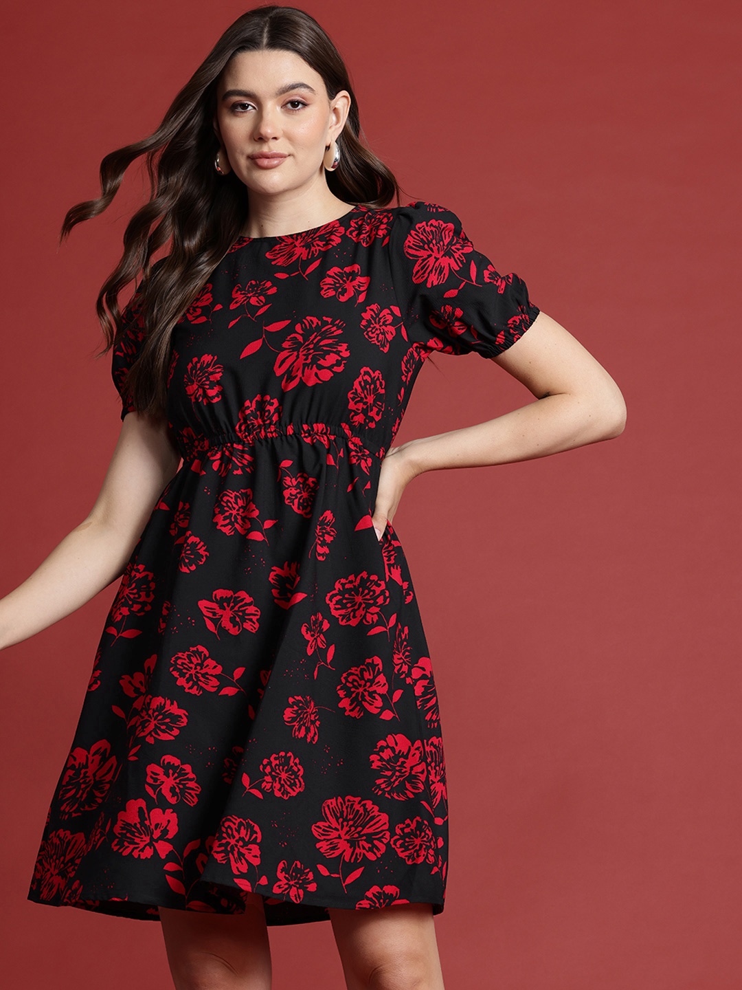 

all about you Floral Printed Puff Sleeve Fit & Flare Above Knee Dress, Red