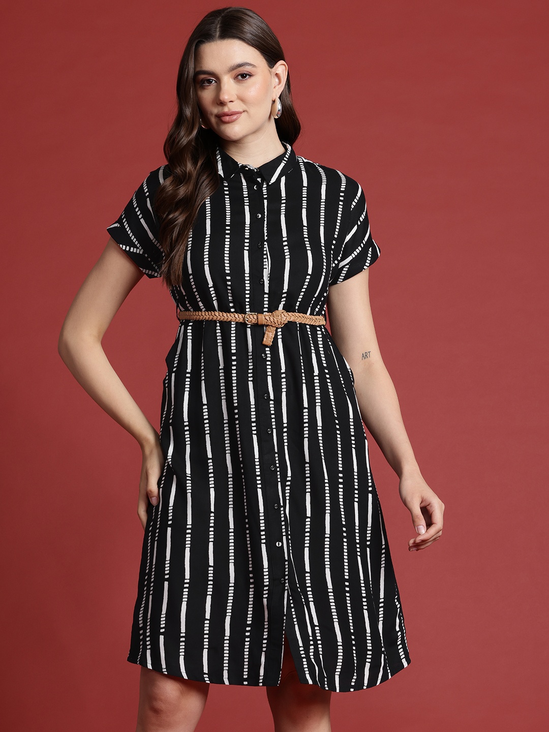 

All About You Formals Waist Tie-Up Printed Shirt Mini Dress, Black