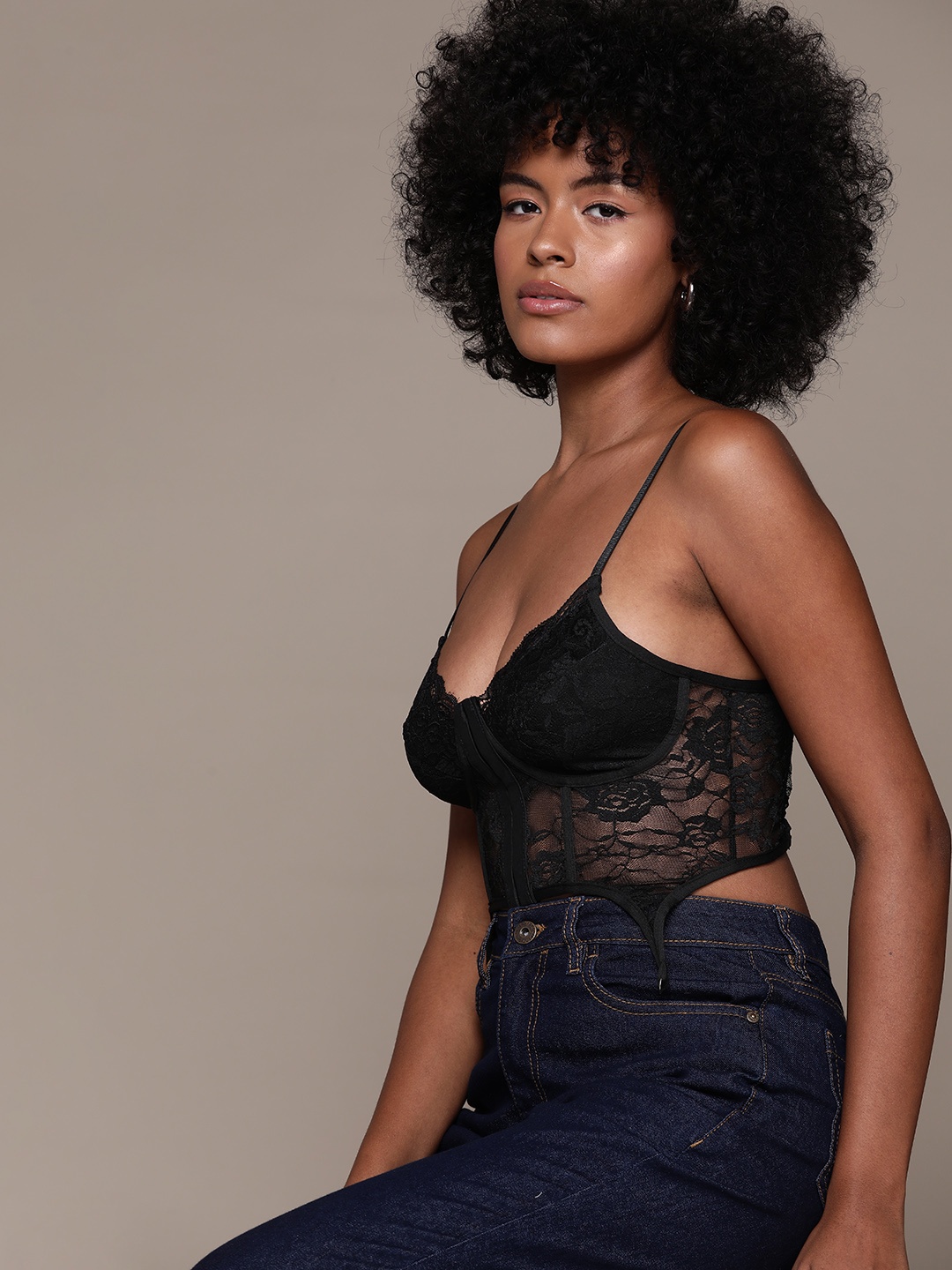 

bebe Future Glam Lace Corset Crop Top, Black