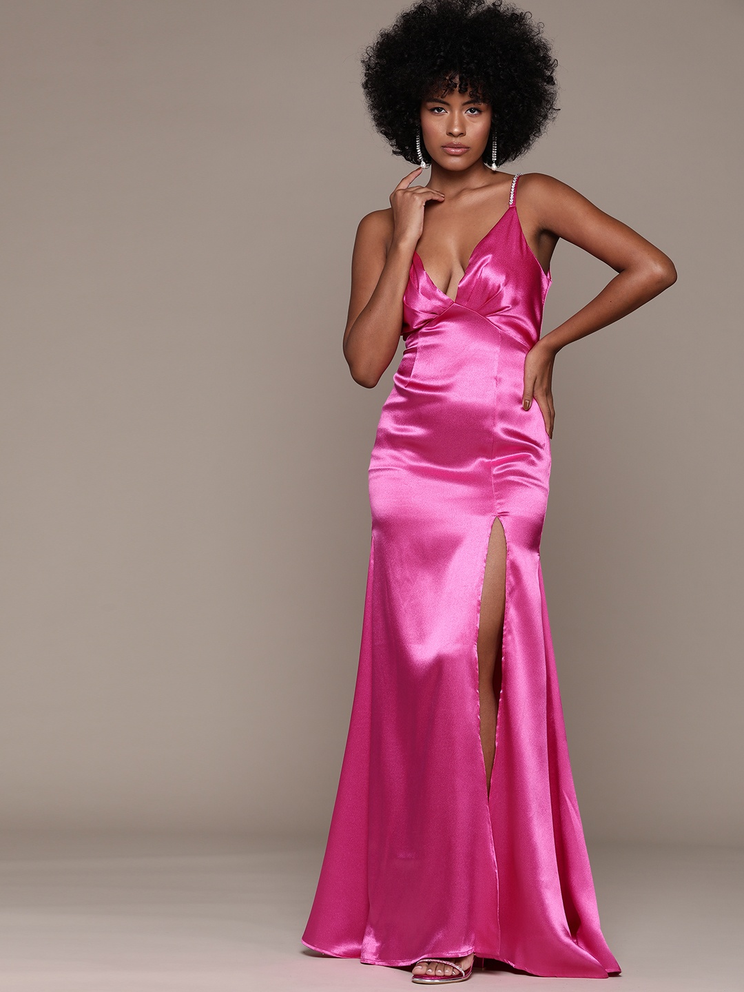 

bebe Future Glam Satin Finish Open Back Gown, Pink