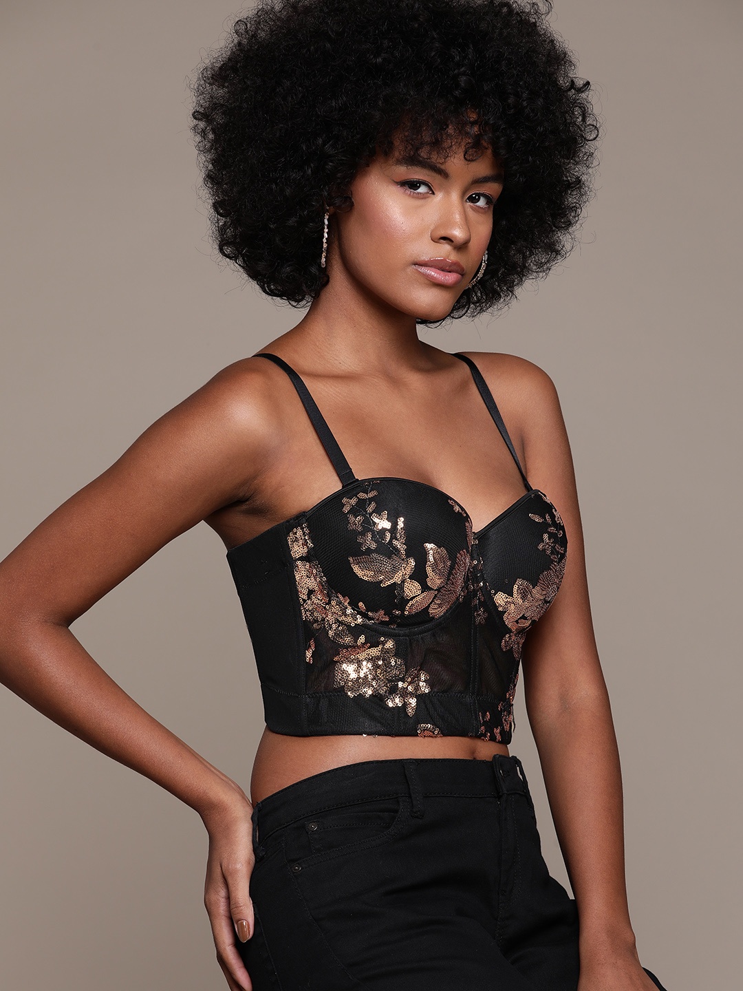 

bebe Future Glam Embellished Net Corset Crop Top, Black
