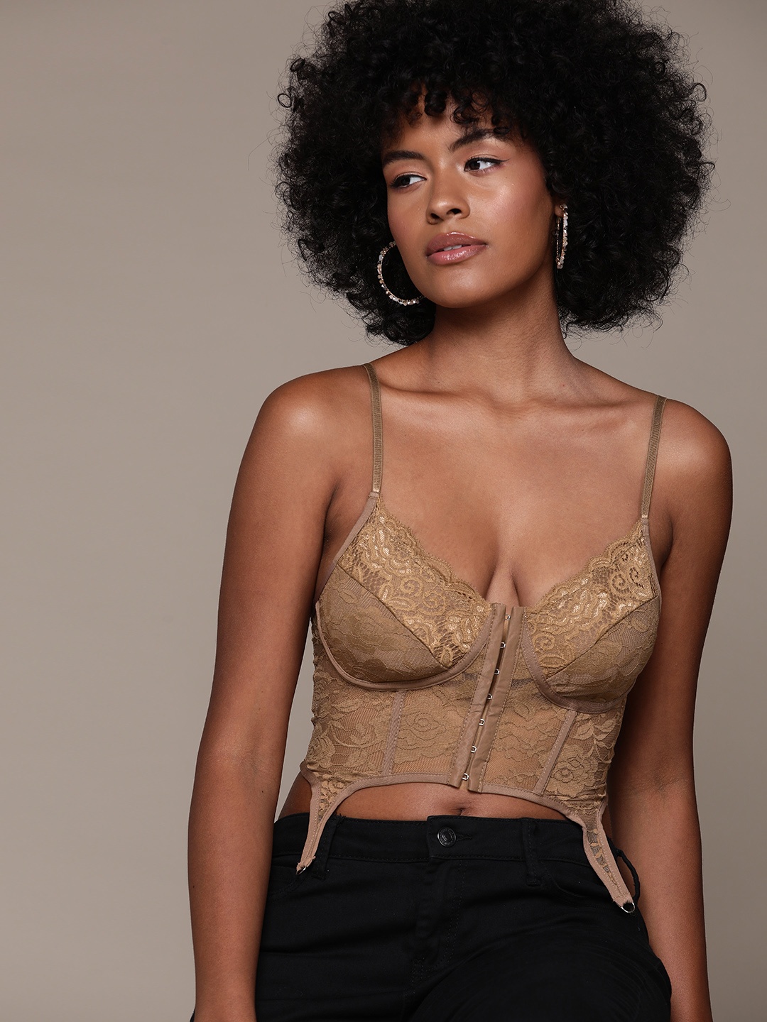 

bebe Future Glam Lace Corset Crop Top, Brown