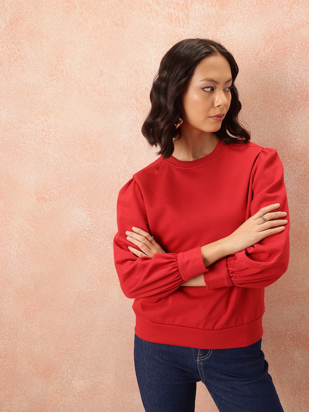 

all about you Gathered Sleeve Sweatshirt, Red