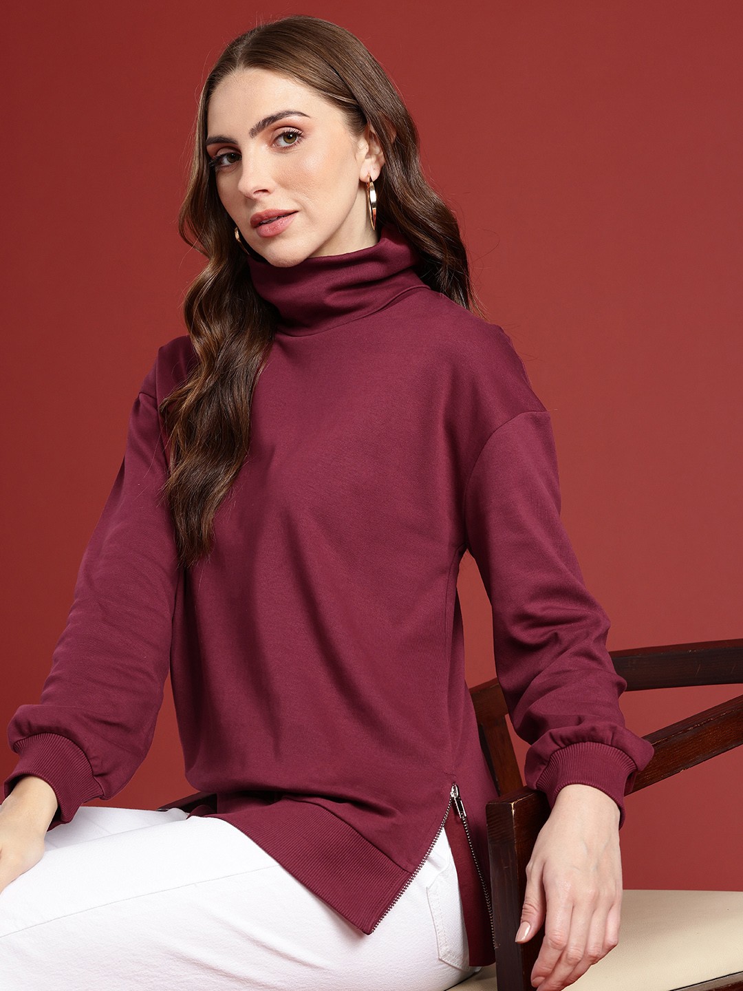 

all about you Long Sleeves Pure Cotton Turtle Neck Sweatshirt, Maroon