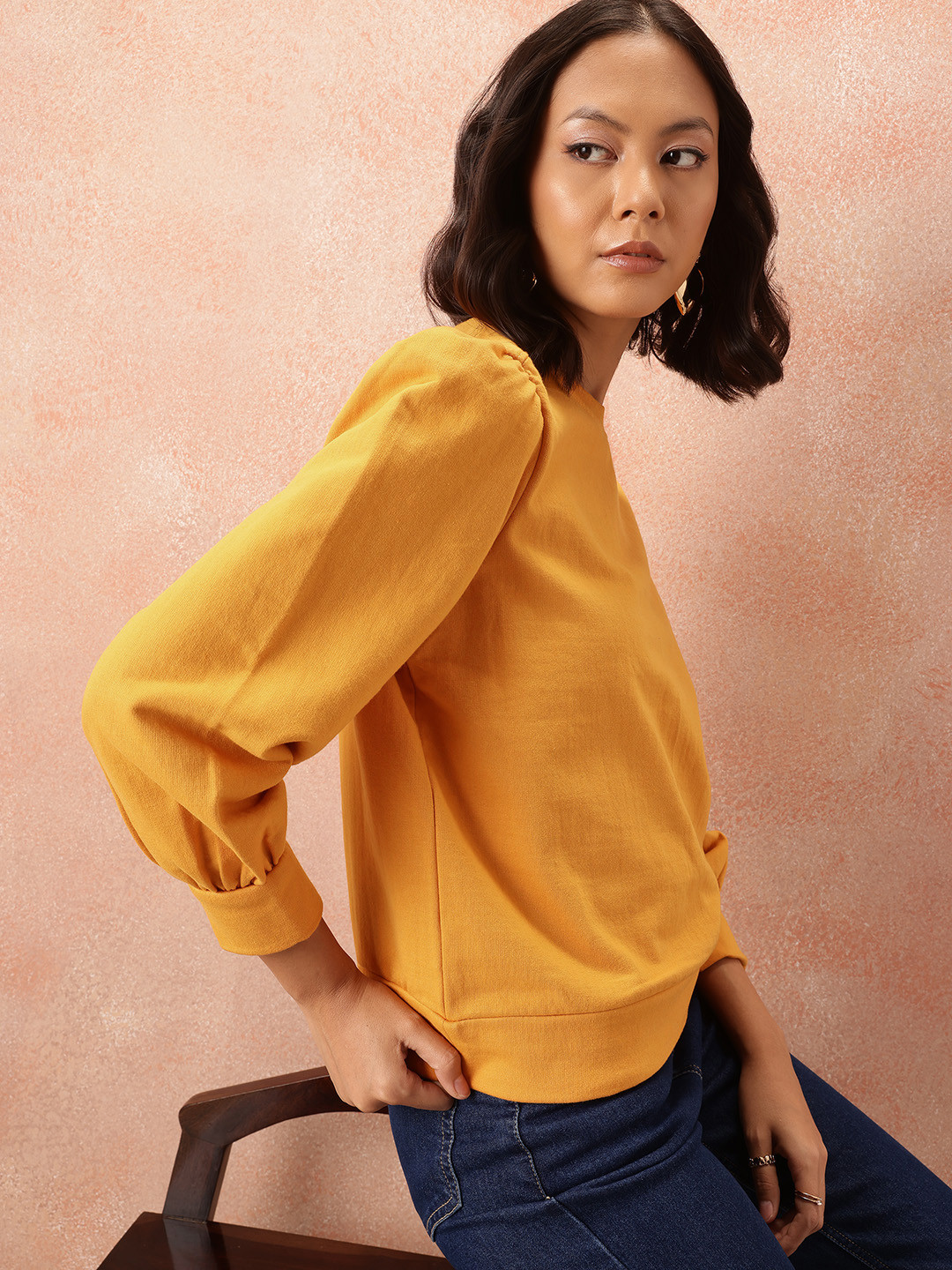 

all about you Gathered Sleeve Sweatshirt, Yellow
