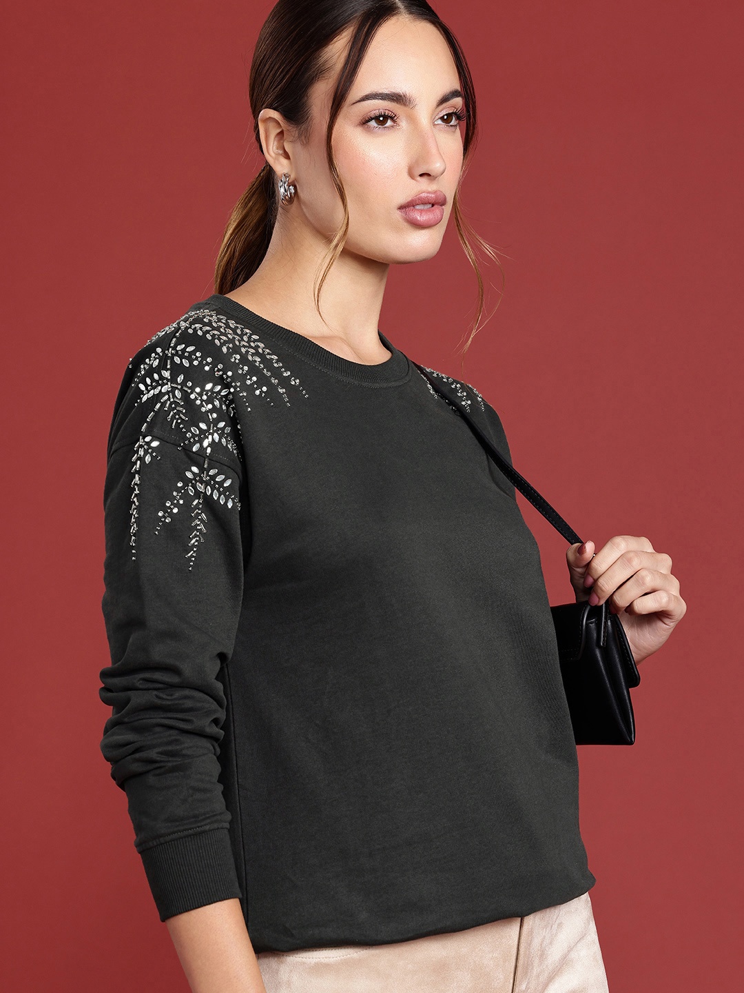 

all about you Long Sleeves Studded Embellished Sweatshirt, Charcoal