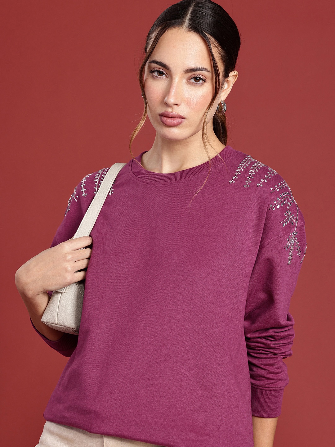 

all about you Long Sleeves Studded Embellished Sweatshirt, Purple