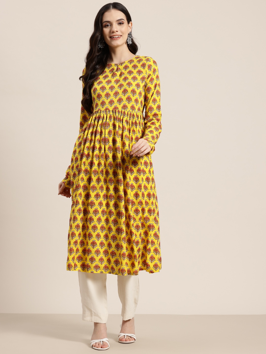 

HERE&NOW Floral Print Keyhole Neck Floral Anarkali Kurta, Mustard