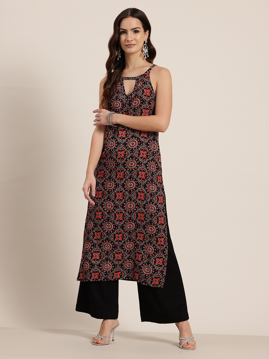 

HERE&NOW Ethnic Motifs Print Keyhole Neck Kurta, Black