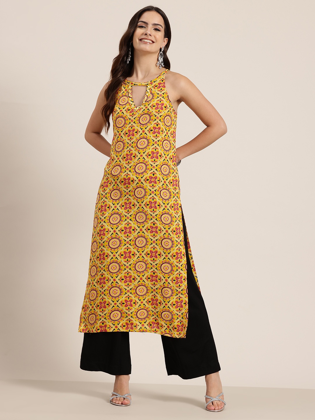 

HERE&NOW Ethnic Motifs Print Keyhole Neck Kurta, Mustard