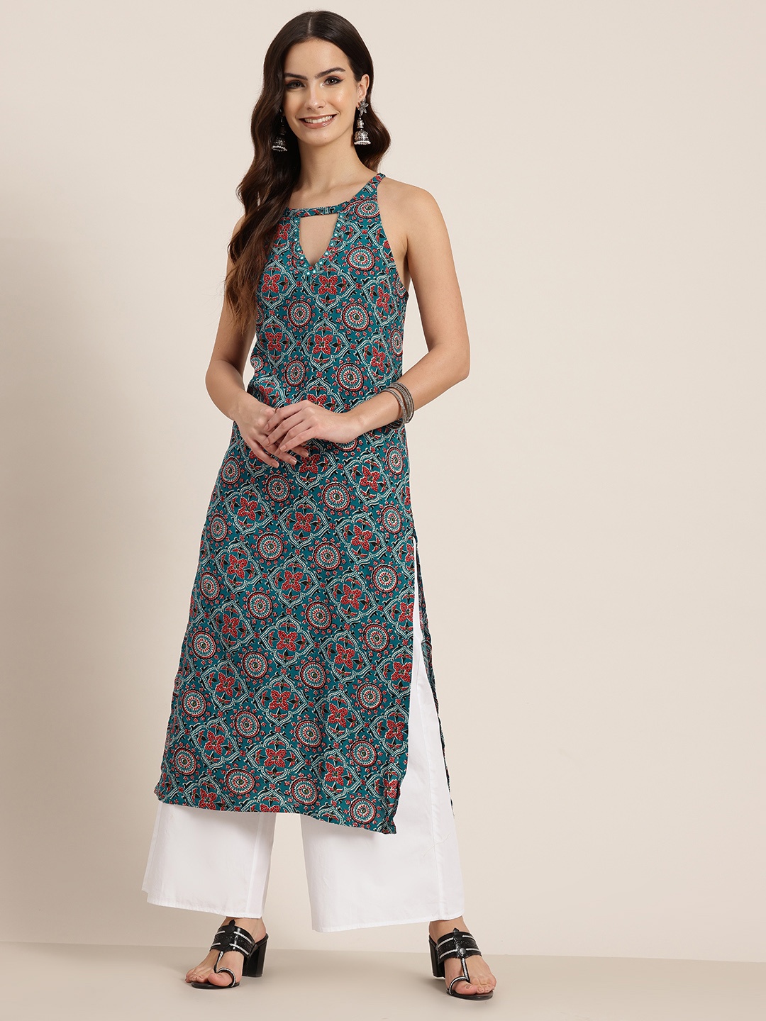 

HERE&NOW Ethnic Motifs Print Keyhole Neck Kurta, Teal