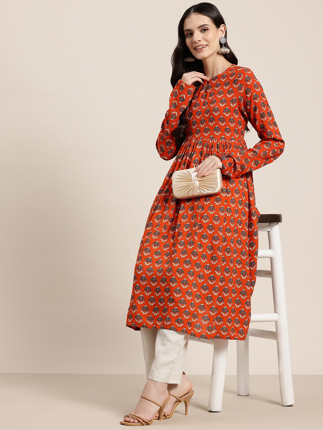 

HERE&NOW Ethnic Motifs Print Floral Anarkali Kurta, Orange