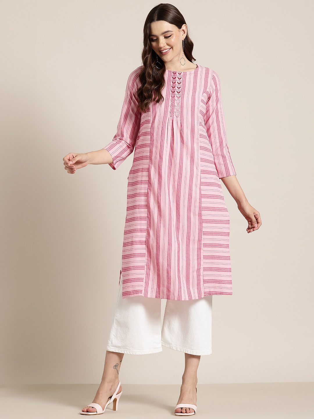 

HERE&NOW Women Striped Thread Work Kurta, Pink