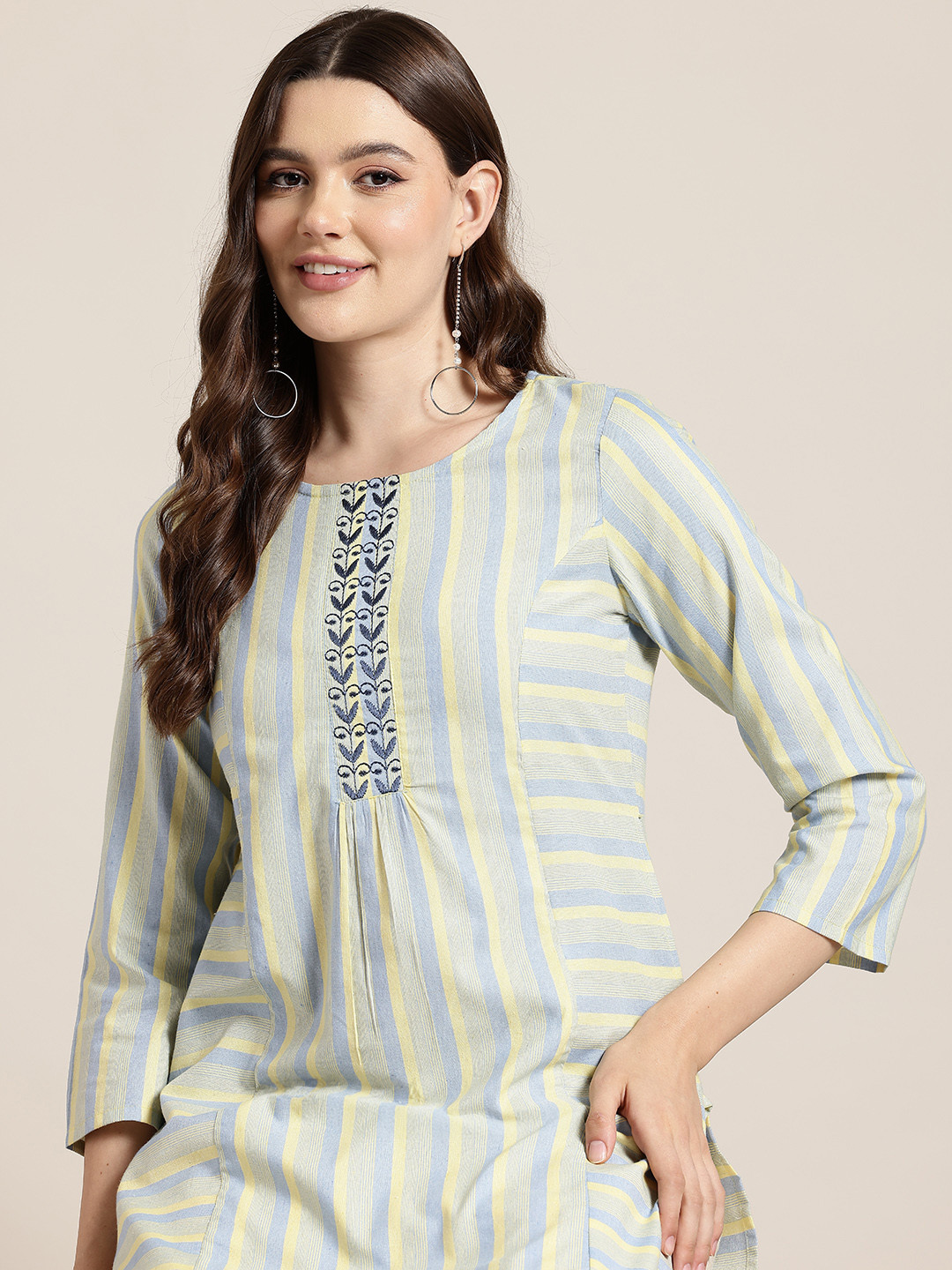 

HERE&NOW Women Striped Thread Work Kurta, Yellow