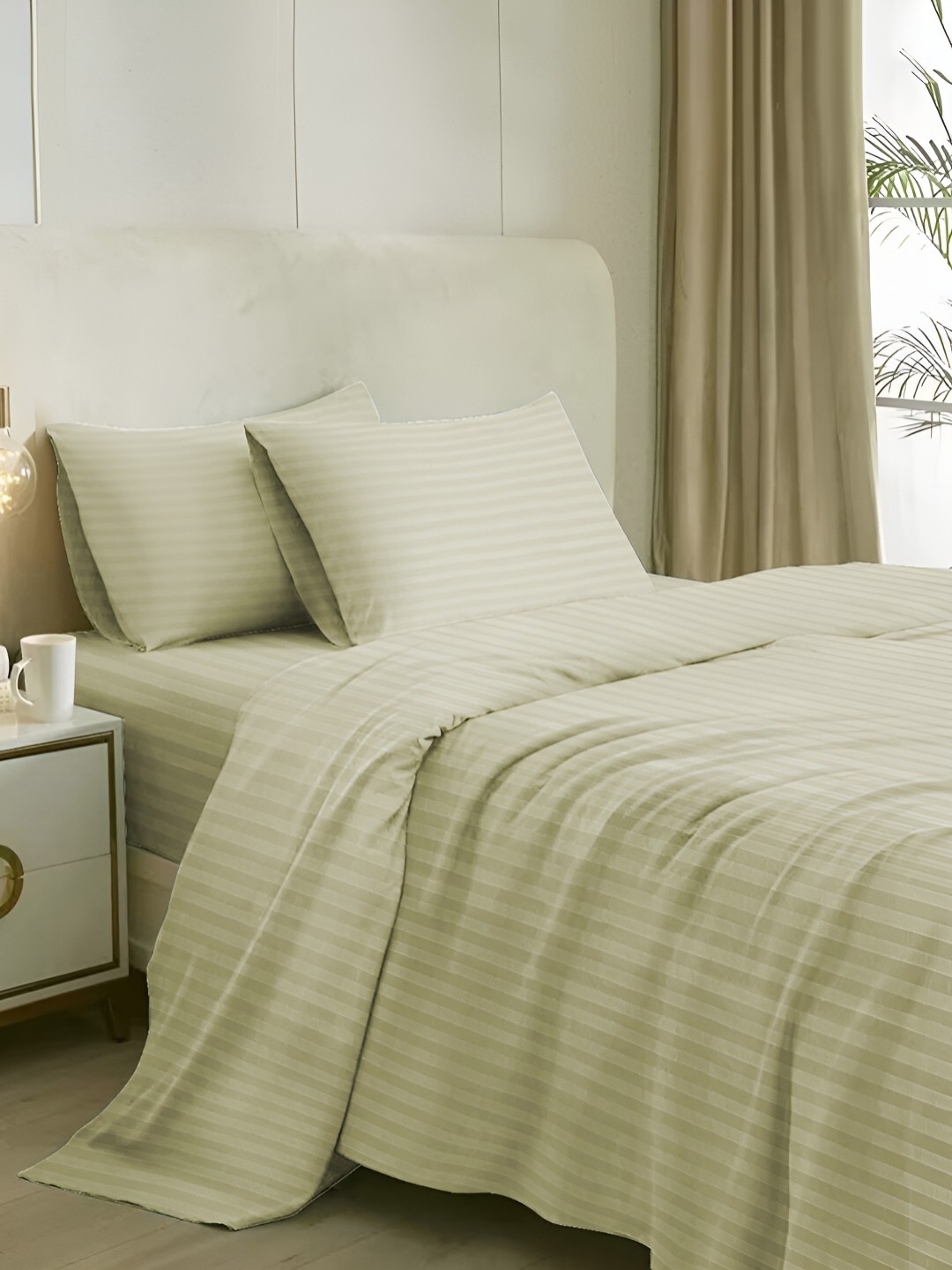 

Naksh Off White Striped Cotton Fitted 210 TC King Bedsheet With 2 Pillow Covers