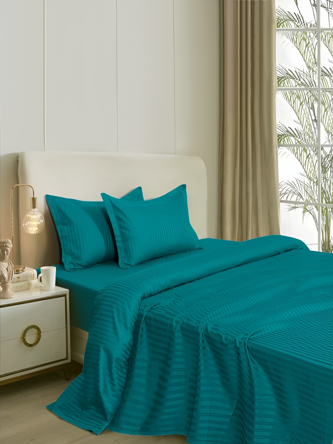 

Naksh Green Striped Cotton Fitted 210 TC King Bedsheet With 2 Pillow Covers