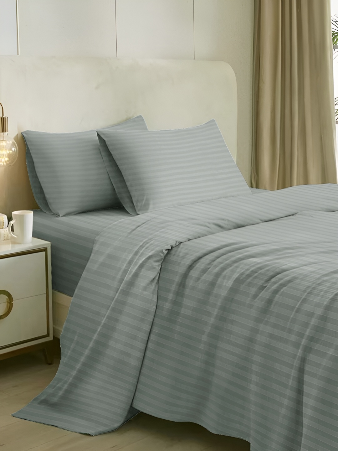 

Naksh Silver Striped Cotton 300 Tc Queen Bedsheet with 2 Pillow Covers