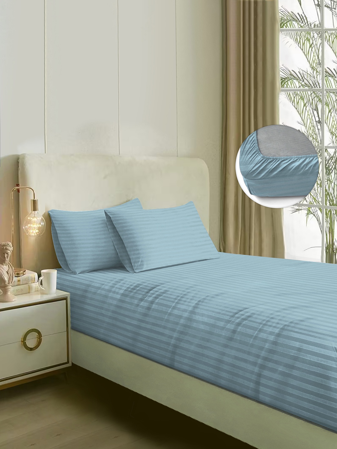 

Naksh Blue Striped Fitted Cotton 300 TC King Bedsheet with 2 Pillow Covers