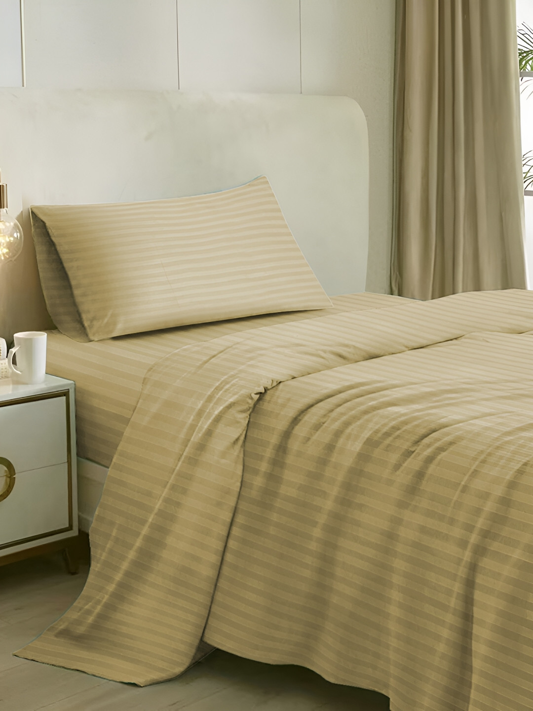 

Naksh Beige Striped Cotton 300 TC Single Bedsheet with 1 Pillow Covers