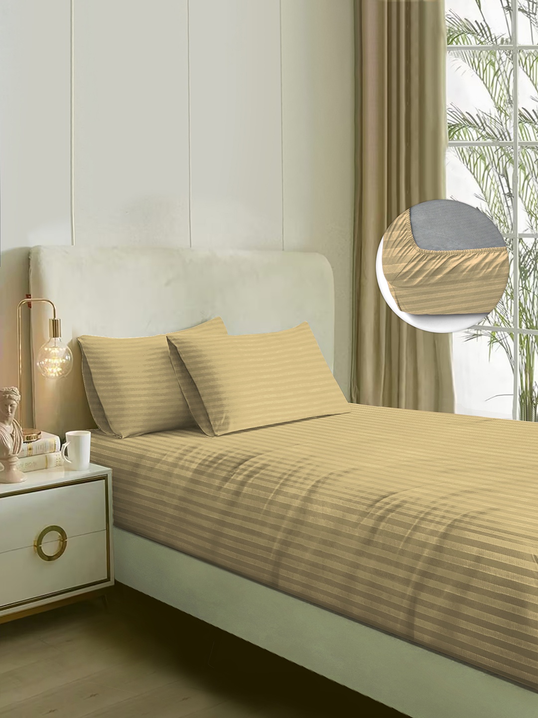 

Naksh Beige Striped Cotton Fitted 300 TC King Bedsheet With 2 Pillow Covers