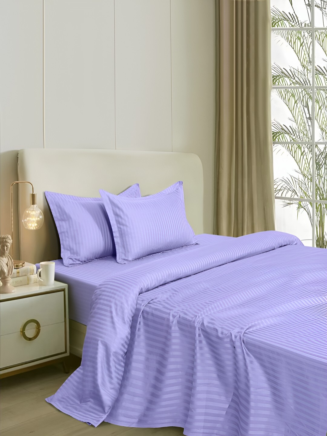 

Naksh Lavender Striped Cotton Fitted 210 TC King Bedsheet With 2 Pillow Covers