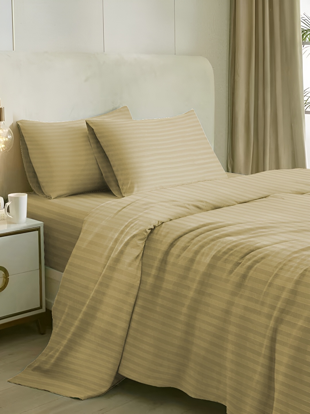 

Naksh Beige Cotton Striped 300 TC Queen Bedsheet with 2 Pillow Covers