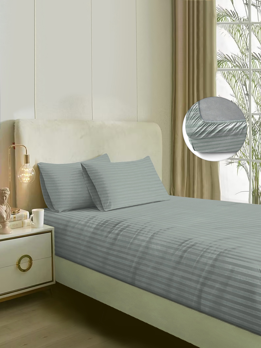 

Naksh Silver-Toned Striped Fitted Cotton 300 TC King Bedsheet with 2 Pillow Covers