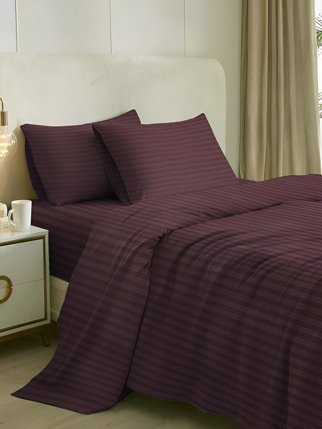 

Naksh Purple Striped 300 TC Queen Bedsheet with 2 Pillow Covers