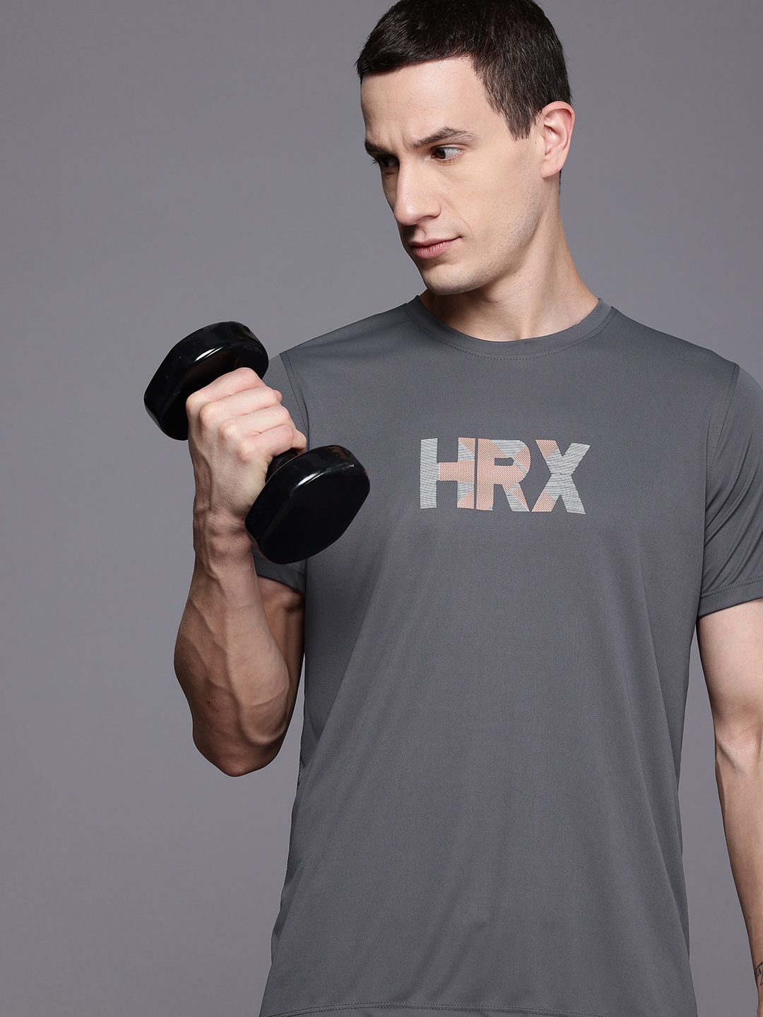 

HRX by Hrithik Roshan Rapid-Dry Brand Logo Printed Training T-shirt, Charcoal
