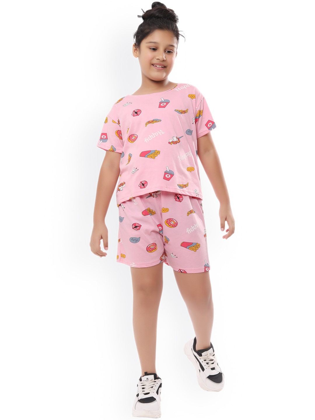 

Ninos Dreams Girls Conversational Printed Pure Cotton T-shirt With Shorts, Pink