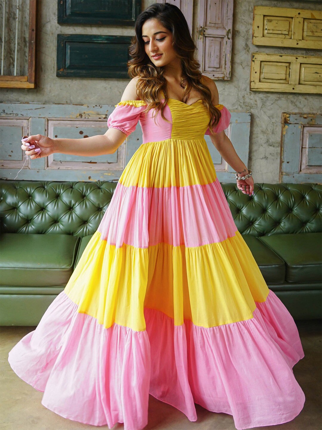 

Ziva Fashion Off Shoulder Puff Sleeves Colourblocked Maxi Dress, Yellow