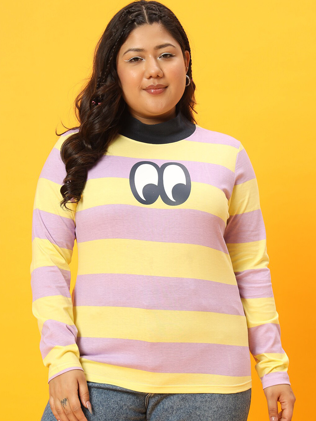 

BEYOUND SIZE - THE DRY STATE Plus Size Striped High Neck Cotton T-shirt, Yellow