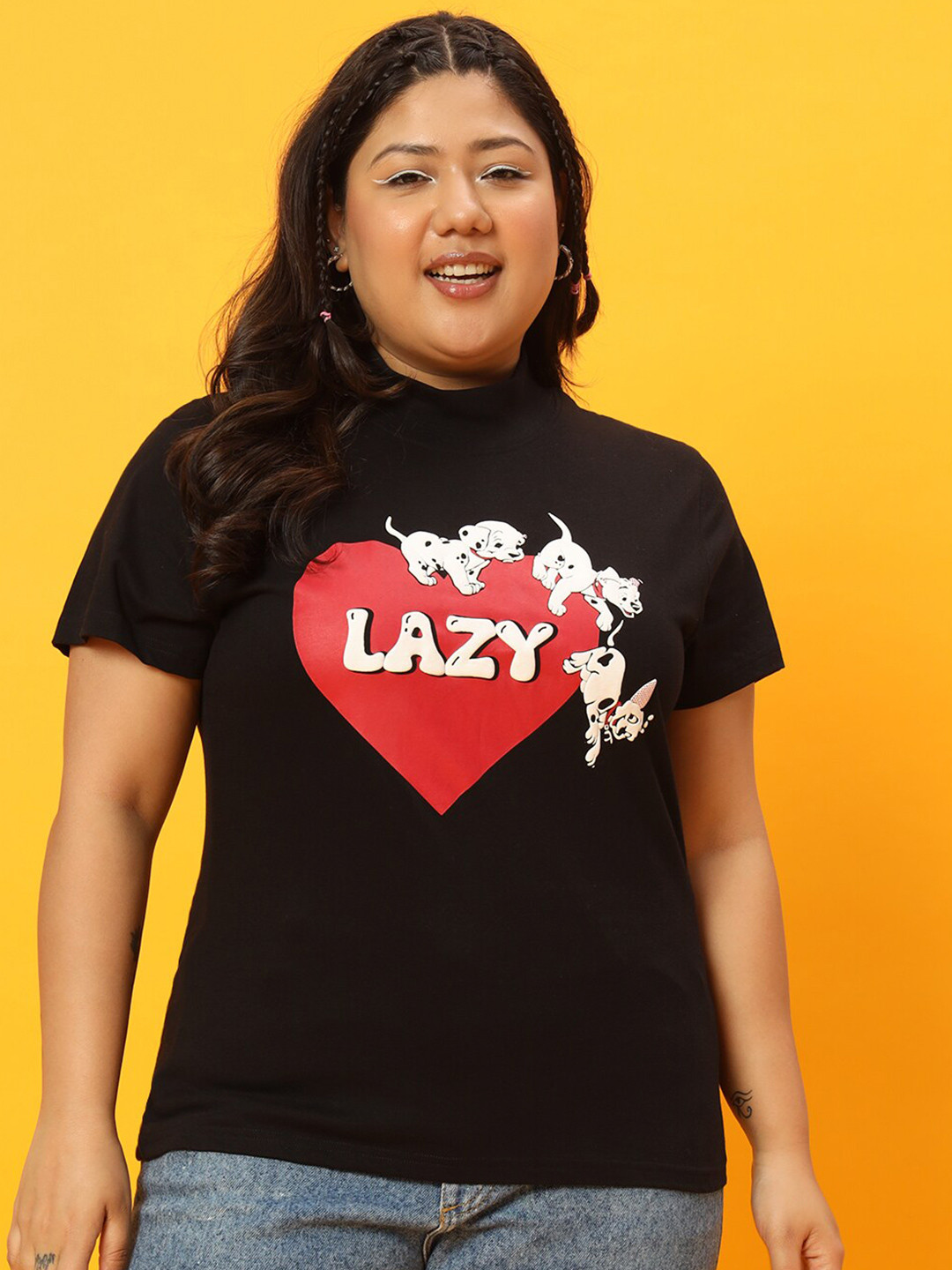 

BEYOUND SIZE - THE DRY STATE Plus Size Graphic Printed High Neck Cotton T-shirt, Black