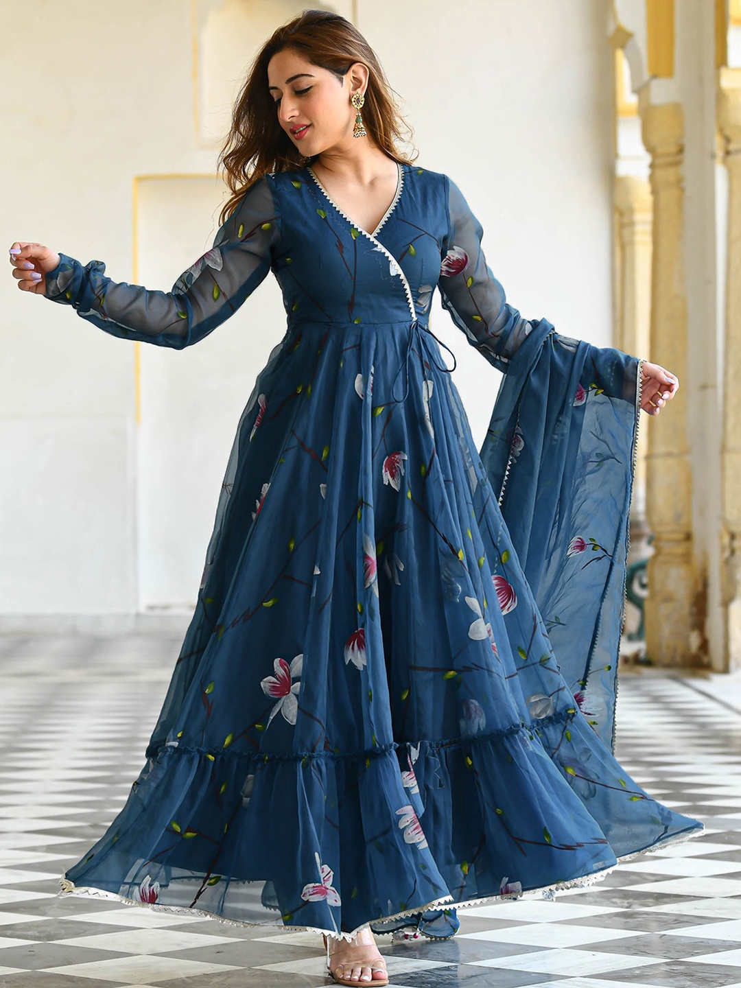 

Ziva Fashion Floral Printed Thread Work Angrakha Georgette Anarkali Kurta With Dupatta, Navy blue