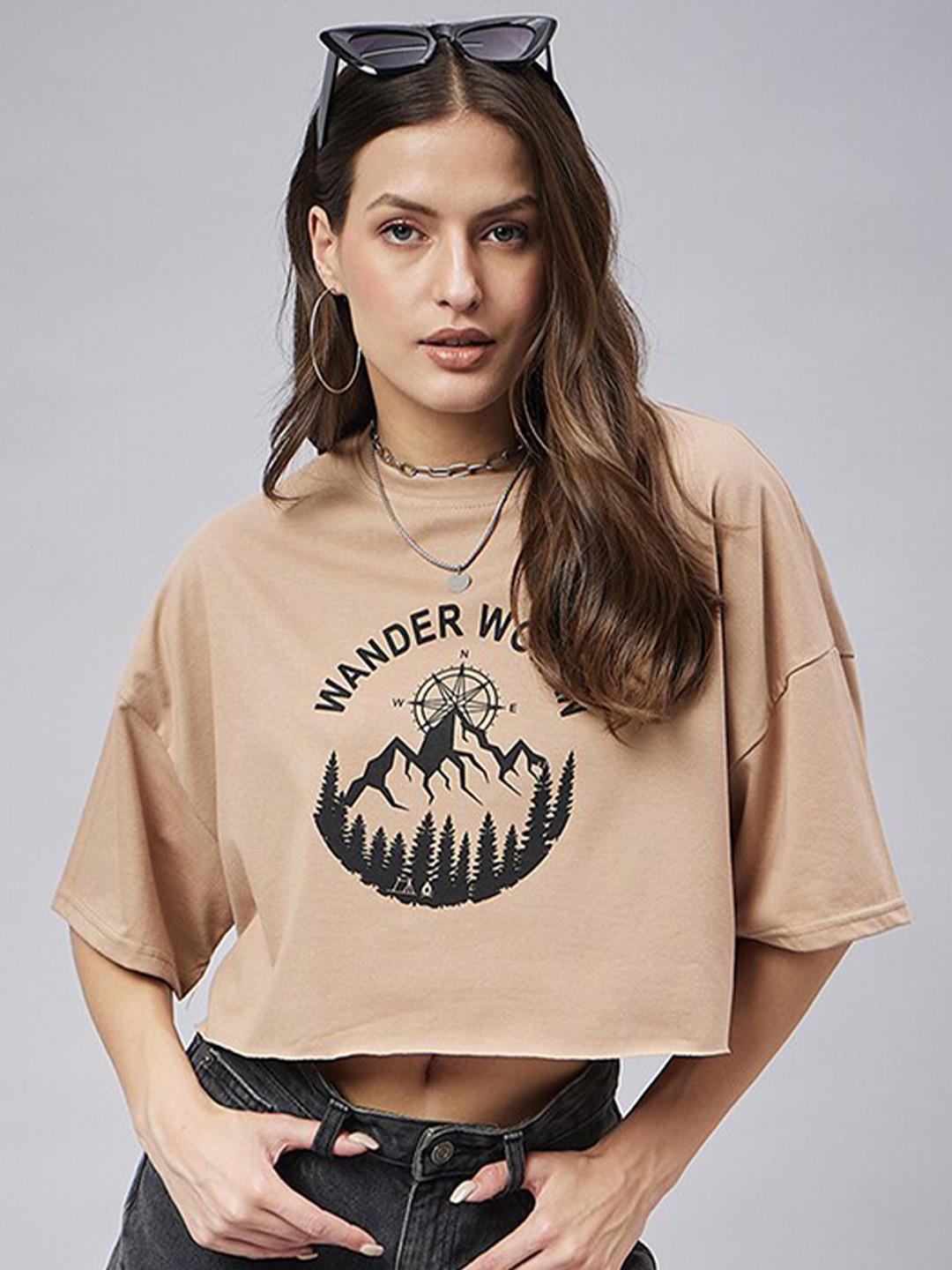 

CHIMPAAANZEE Graphic Printed Drop Shoulder Sleeves Oversized Cotton Crop T-shirt, Brown