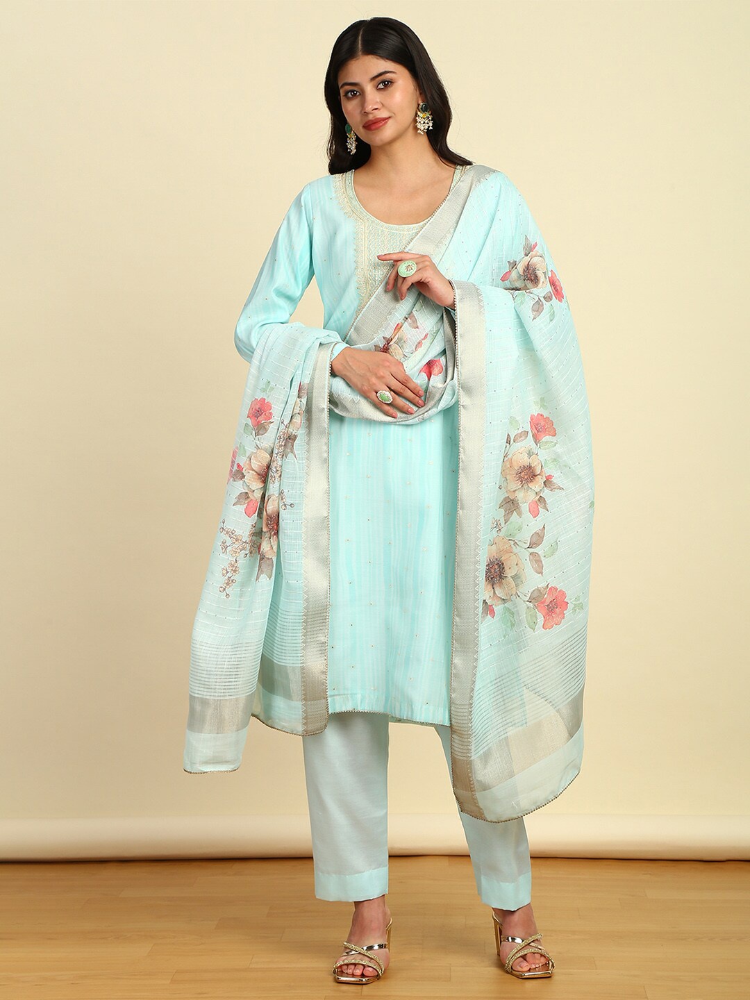 

Soch Printed Unstitched Dress Material, Turquoise blue