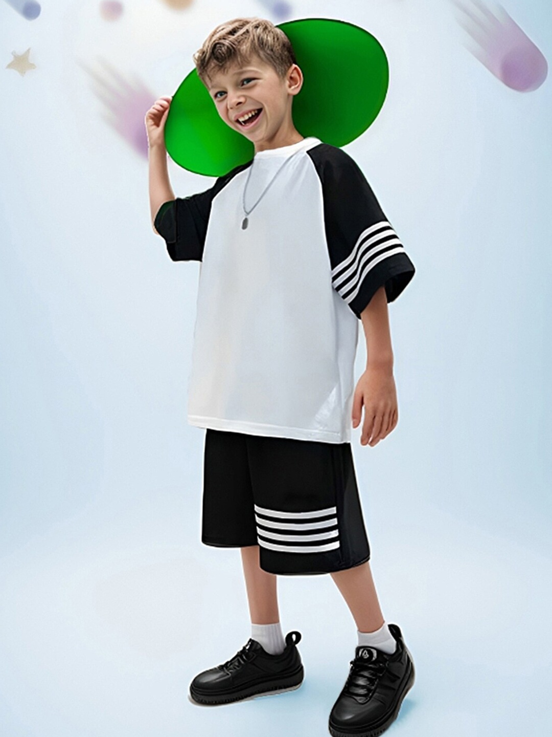 

INCLUD Boys Striped T-shirt with Shorts, Black