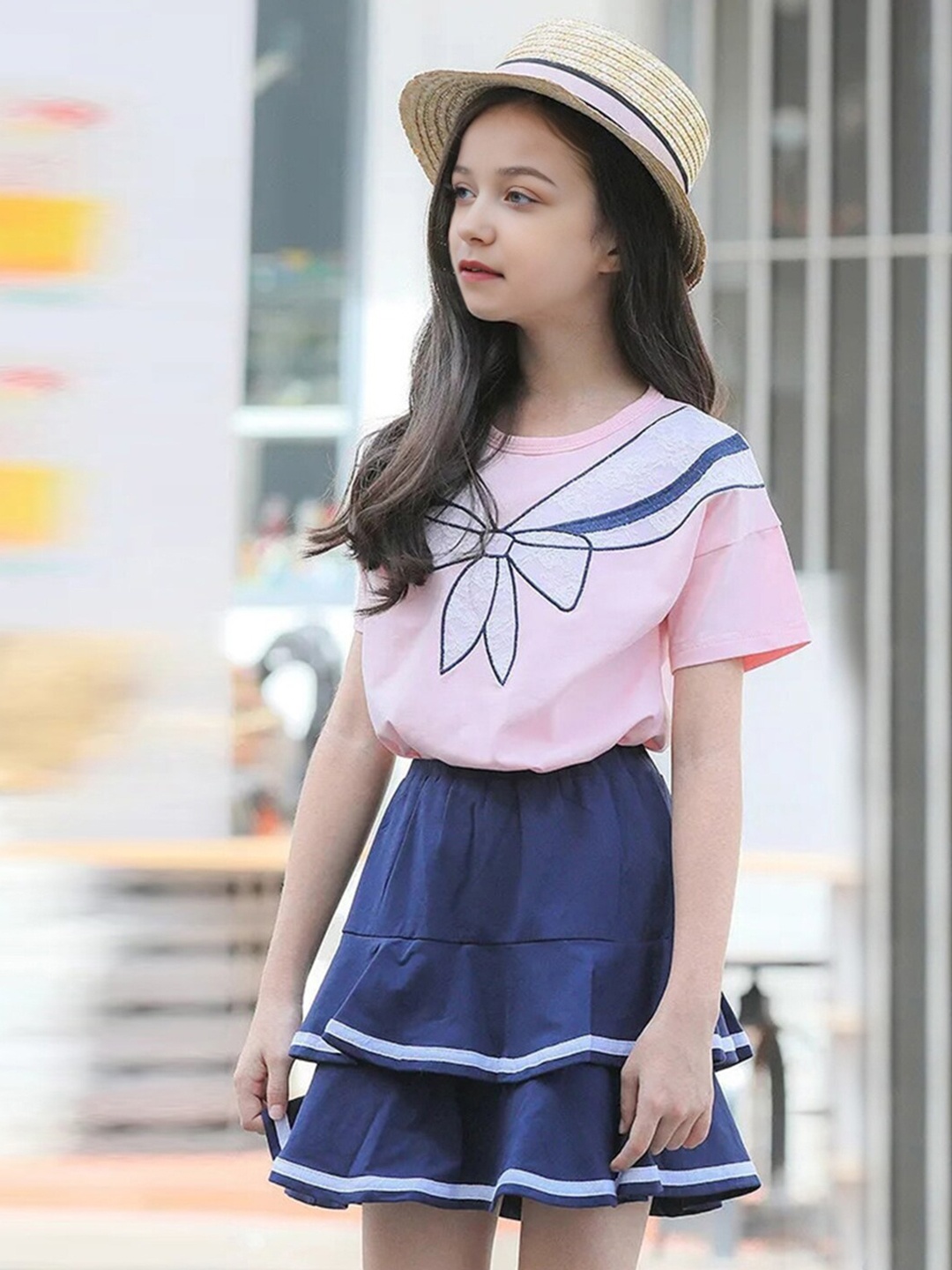 

INCLUD Girls Printed Top with Skirt, Pink