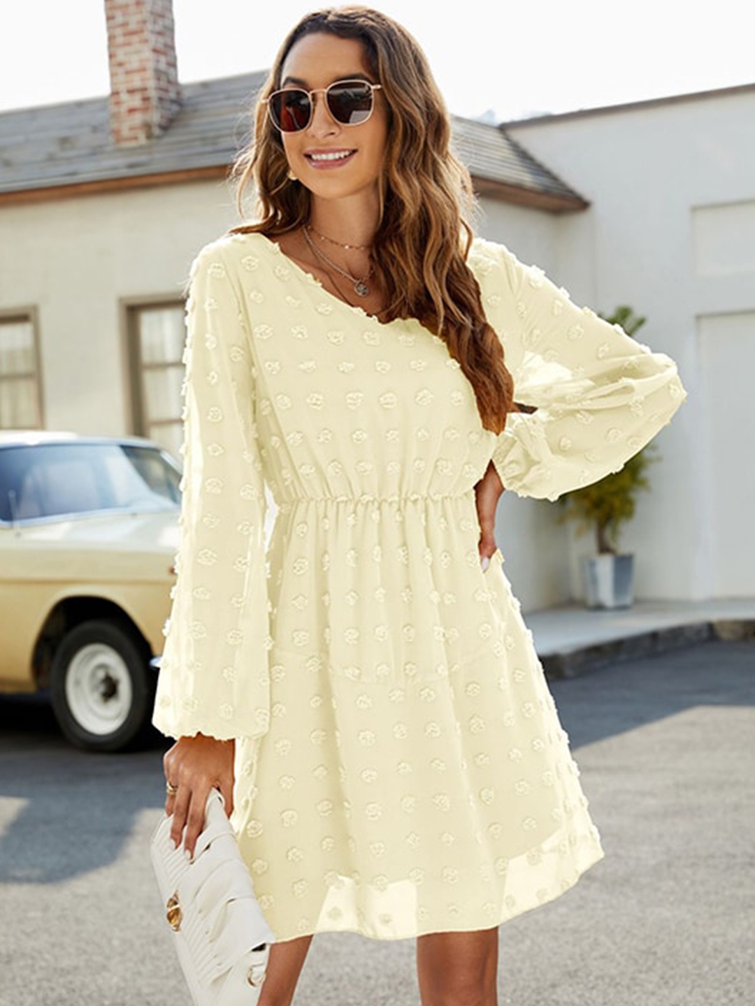 

StyleCast x Revolte Floral Self Design Puff Sleeve Fit & Flare Dress, White