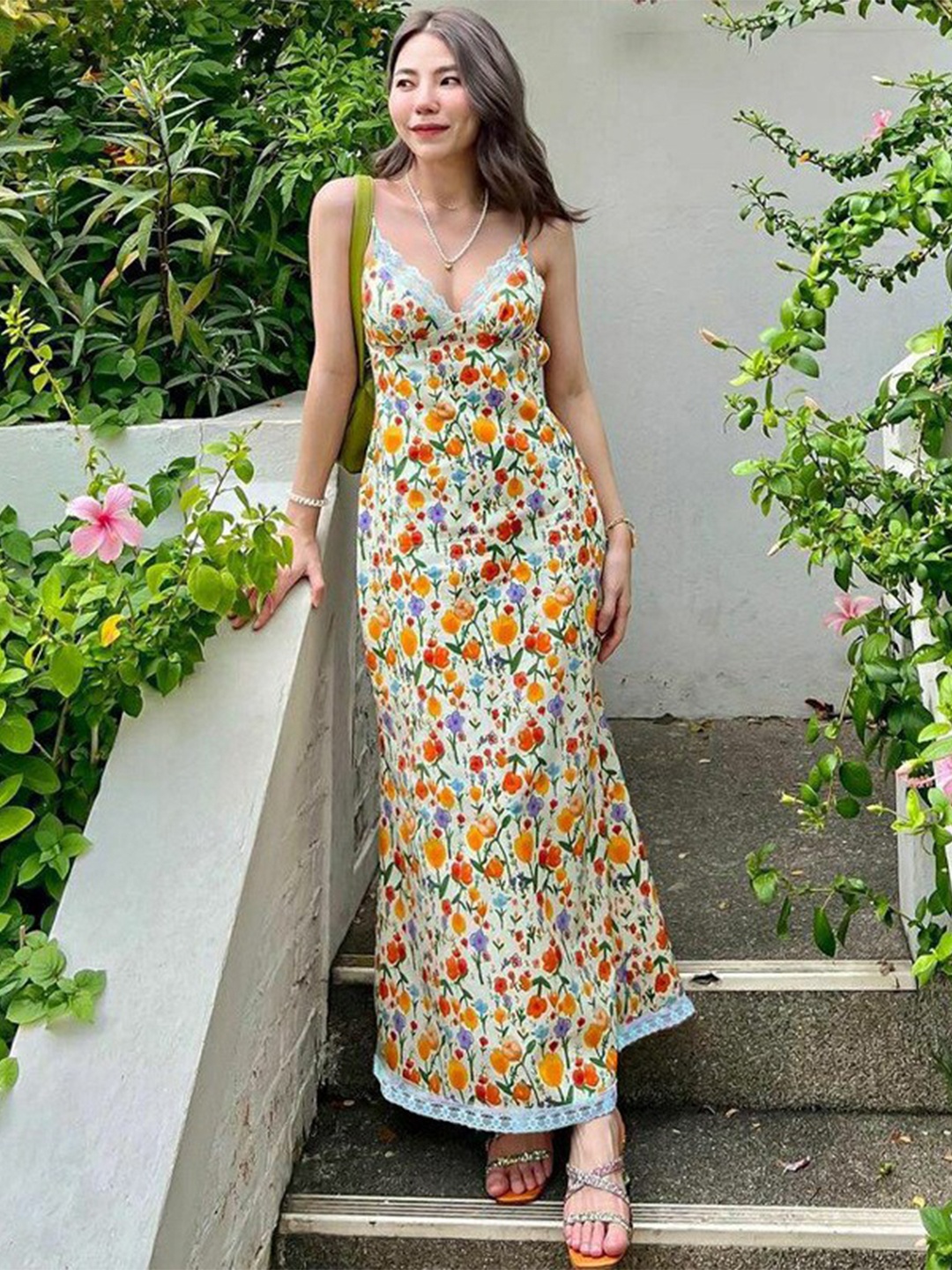 

StyleCast x Revolte Yellow Floral Printed Shoulder Straps Tie-Ups Detail Maxi Dress