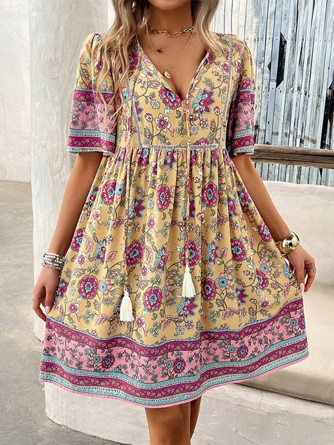 

StyleCast x Revolte Beige Floral Printed Tie-Up Neck Puff Sleeves Fit & Flare Dress