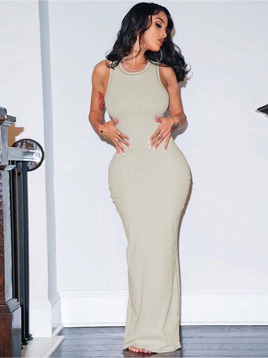 

StyleCast x Revolte Round Neck Maxi Dress, Beige