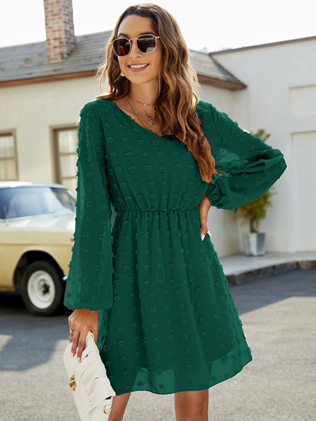 

StyleCast x Revolte Notched Neck Flared Sleeve Applique Fit & Flare Dress, Green