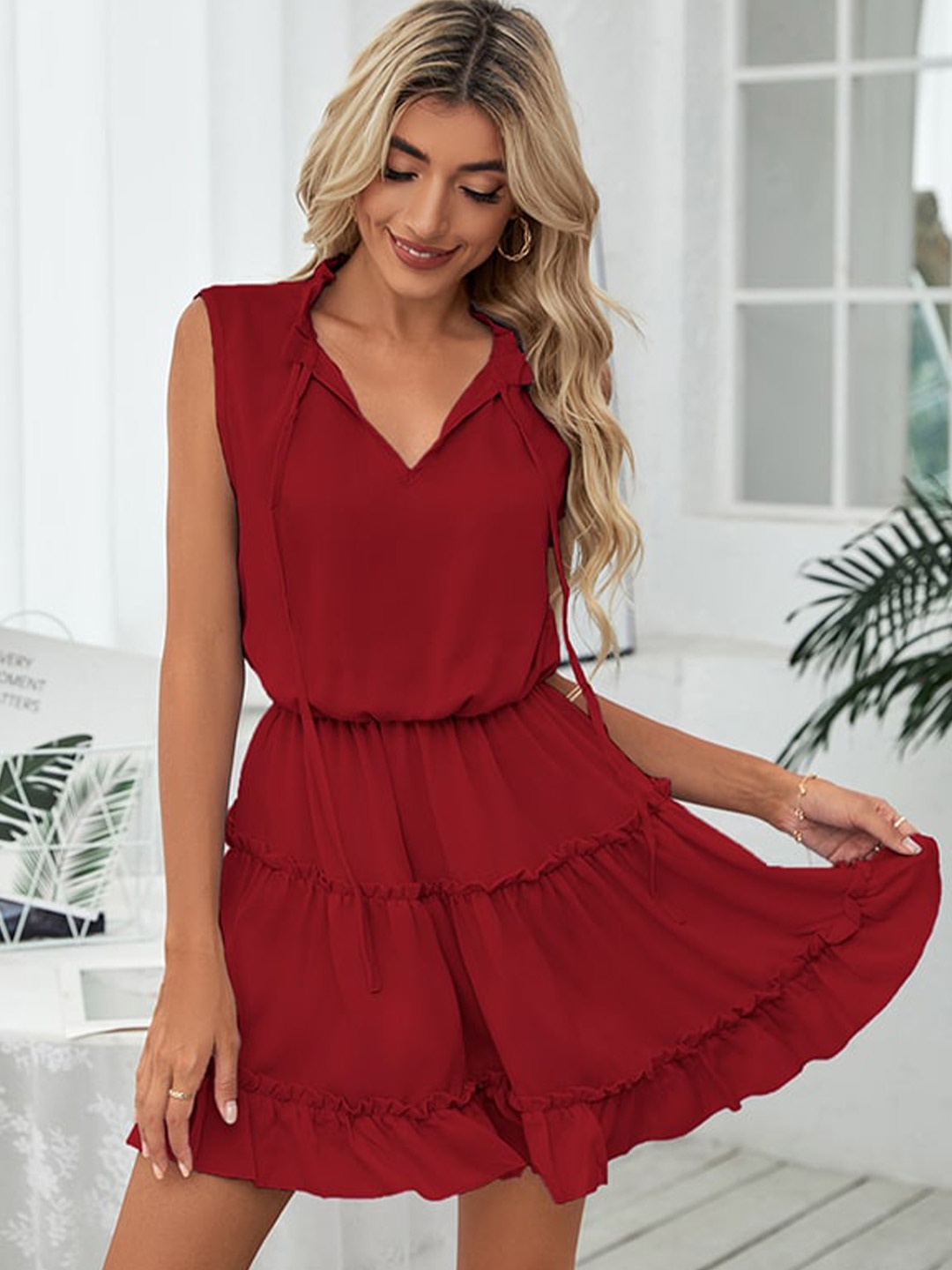 

StyleCast x Revolte Tie-Up Neck Layered A-Line Dress, Maroon