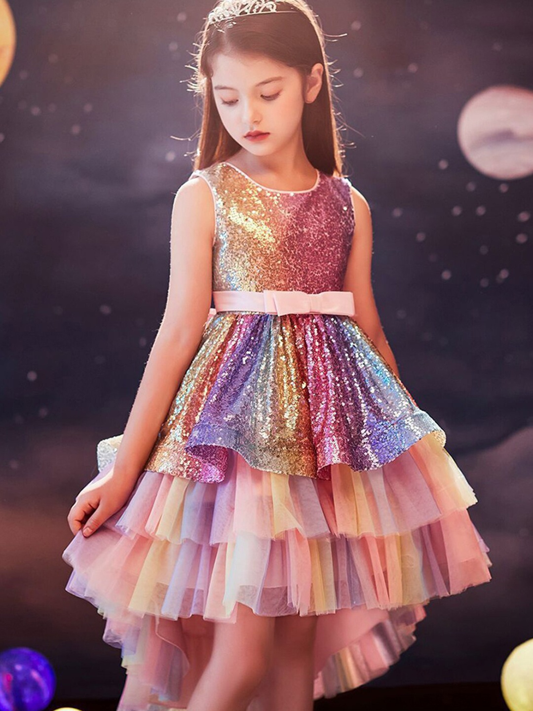 

INCLUD Girls Sequins Tiered High-Low Hem Party Dress, Pink